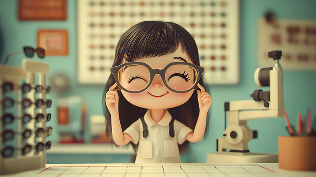 A cheerful cartoon optometrist with glasses adjusts frames at a clinic desk, surrounded by eyewear displays and optical equipment.