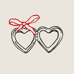 Heart shape Locket with ribbon. Trendy outline style. Locket pendant. Hand drawn modern Vector illustration. Isolated design element. Jewelry, accessories concept