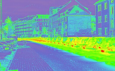 Infrared thermal urban city street with cars in thermal color mapping