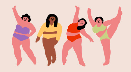 Curvy, chubby Ladies set. Cute characters. Happy, gracefully, joyful women in colorful tops and panties. Hand drawn Vector illustration. Isolated design elements. Dance, confidence, fitness concept