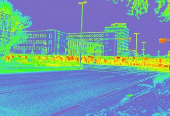 Infrared thermal city street view showing buildings and road