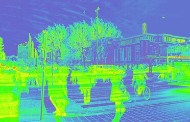 Infrared thermal  Urban street with people walking and moving vehicles in thermal imaging