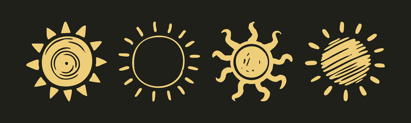 Various unique yellow Suns. Abstract, doodle, childish style, different rays. Weather app, summer mood, travel, climate, sunlight concept. Hand drawn Vector illustration. Isolated design elements 