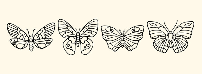 Various outline Butterflies, moths. Coloring book style. Abstract simple shapes. Hand drawn modern Vector illustration. Isolated design elements. Poster, logo, sticker, print, design templates