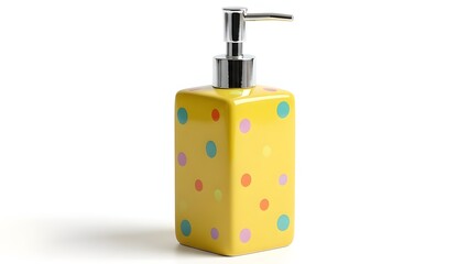 Bright yellow polka dot soap dispenser on white