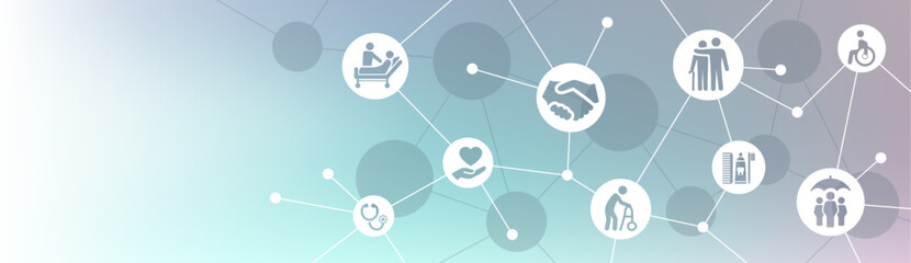 Care vector. Banner with icons related to elderly, geriatric or senior care - nursing patient, assisted living, healthcare, support for aging patient / person with a disability - hospice care.