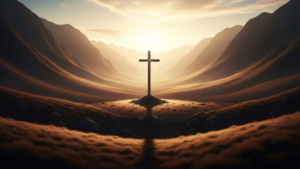 Wooden cross silhouette at sunset in hill field landscape. Symbol of faith, hope, and sacrifice for Christian concept and spiritual journey.