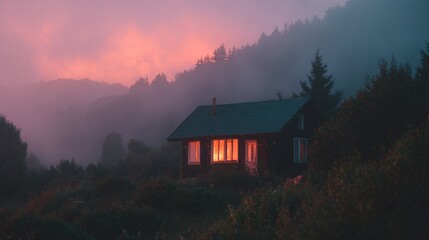Serene Evening Cabin with Soft Fog