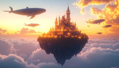 Obraz premium Fantastical floating island with castle and airships at sunset.