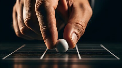 A human hand delicately places a small white sphere onto a strategic grid, embodying precision, calculated moves, and critical decision-making in a challenging game