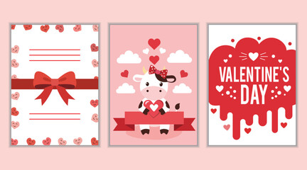 Set of three Valentine's Day greeting cards with cute cow, red hearts, and typography
