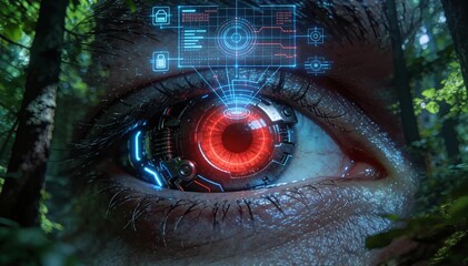 Cybernetic eye scanning nature forest data future technology analysis, cybernetic nature interface. - Powered by Adobe