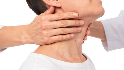 Closeup of clinicians hand gently palpating seated adult patients neck lymph nodes during routine immune system assessment on white background with soft lighting.