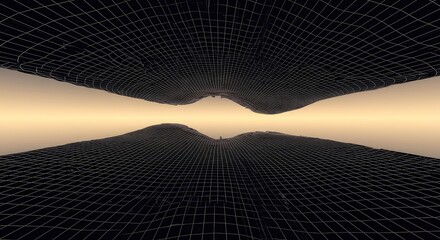 Abstract visualization of geometric space collapsing, featuring warped grids and confusing lines in an empty theoretical dimension ,geometry ,curve ,modern