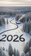 2026 New Year's Eve Snow-Covered Forest Aerial View with Cozy Cabin