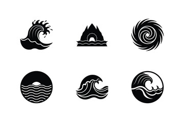 Set of Ocean Wave Silhouettes. Tropical Summer Beach Wave Icons. Nature and Ocean Themed Design Icons.