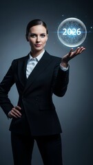 Confident businesswoman in a black suit holding a futuristic orb with the year 2026 displayed, symbolizing future technology and business innovation