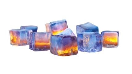 A transparent glass filled with colorful frozen ice cubes and clear cold water reflects light as a fresh liquid drink isolated on white
