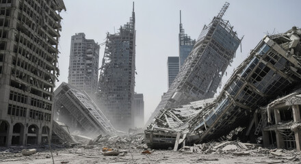 A city ravaged by destruction, with crumbling skyscrapers and debris covering the ground under a hazy sky