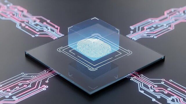 A futuristic microchip with a glowing blue circuit board and pink circuitry on a dark background