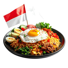 Authentic Indonesian Nasi Goreng with Sunny-Side Up Egg, Sliced Hard-Boiled Eggs, Fresh Vegetables, and Indonesian Flag, Isolated. Transparent Object PNG