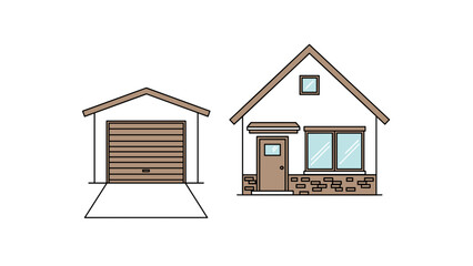 A charming illustration showcases a traditional single-family house with a brown door and stone facade, positioned alongside a separate, detached garage with a wooden roll-up door.