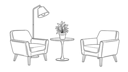 Fototapeta premium A versatile and minimalist living room arrangement including a comfortable sofa bed, a sleek coffee table, a modern floor lamp, a white sideboard, and a warm area rug.