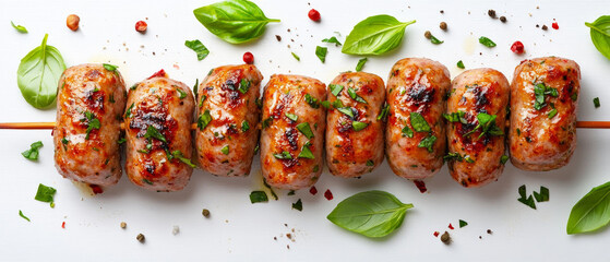 Juicy kebabs on wooden skewers, decorated with herbs and spices, are ideal for advertising cooking classes or as a backdrop for a food blog.