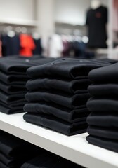 Stacks of Black Folded T Shirts on Retail Store Display Shelf mockup