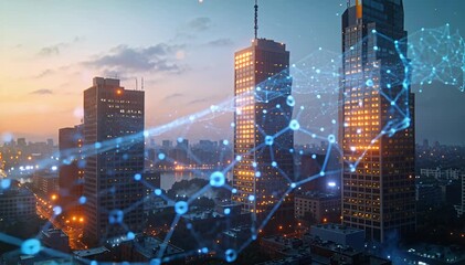Abstract network connections over city skyline at sunset, futuristic technology concept network, sunset. - Powered by Adobe