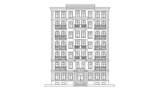 A detailed front elevation of a classic multi-story apartment building, meticulously rendered in outline, shows ornate architectural details, windows, and balconies.