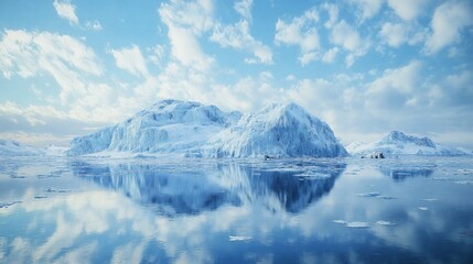 Arctic icebergs reflecting in calm water under a vibrant sky