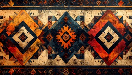Vibrant Geometric Tribal Pattern with Southwestern Aesthetic and Distressed Texture
