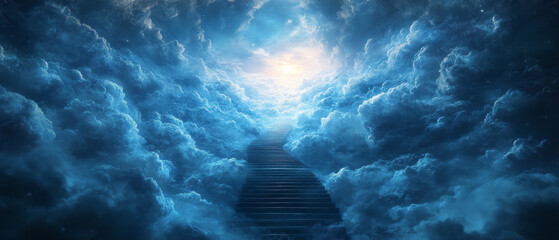 A mysterious staircase reaching up into glowing clouds symbolises hope and spiritual growth, creating an inspiring backdrop for motivational posters.