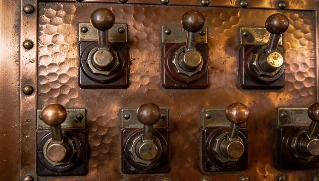 Vintage toggle switch panel retro control levers industrial mechanism antique technology toggle switch.