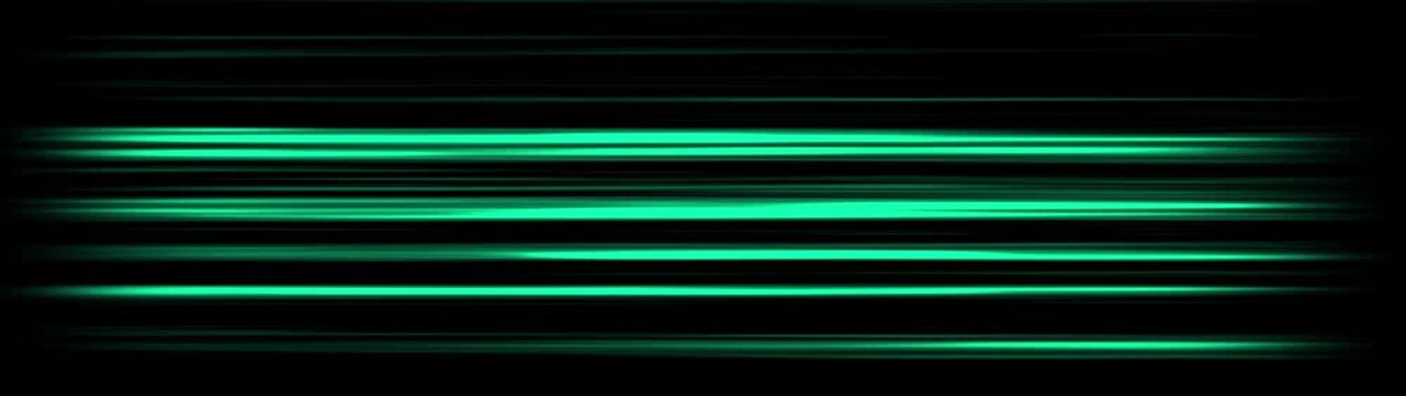 Vibrant Green Horizontal Light Streaks on Black abstract. Digital artifacts Grunge textured transitions on dark black abstract background.