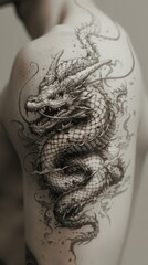 Obraz premium An artistic dragon tattoo on a person's shoulder will express individuality and serve as a backdrop for articles on contemporary art and tattoo culture.