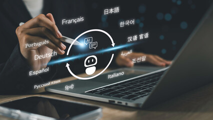 AI assistant translator interface showing multilingual translation in real time with languages like Spanish, Chinese, French, and Arabic for global communication and digital interaction.
