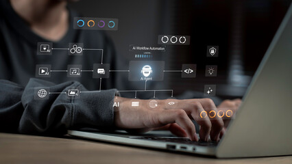Close-up of hands typing on laptop with digital AI workflow interface, showing AI agent managing automated processes for media, data, web, and development tasks efficiently.