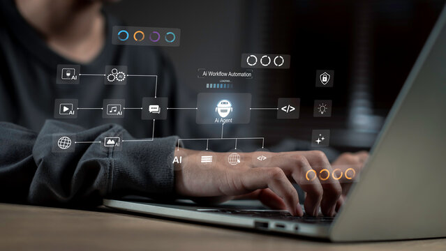 Close-up of hands typing on laptop with digital AI workflow interface, showing AI agent managing automated processes for media, data, web, and development tasks efficiently.