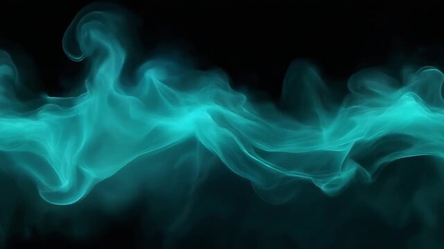 Ethereal Teal Smoke Swirling and Flowing in Wispy, Translucent Waves Against a Black Background turquoise