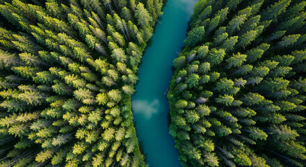 Aerial view of teal river flowing between dense green pine forests, showcasing nature's symmetry and tranquility, ideal for environmental or travel themes