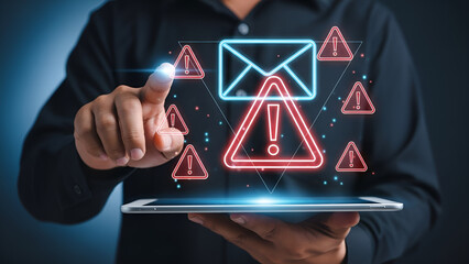 Businessman interacting with glowing digital icons representing email security threats and urgent warnings on a tablet display