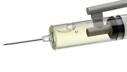 Close up of a medical syringe filled with yellow liquid and air bubbles against a png isolated transparent background black background