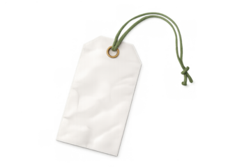 Blank white crumpled paper retail tag with green string and brass eyelet, hanging on transparent background, for sales and price information