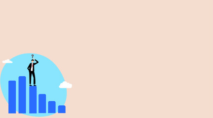 Vector illustration of a confused businessman standing on a declining bar chart, symbolizing business downturn, financial loss, uncertainty, poor performance, and the challenge of making decisions dur