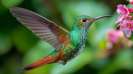Iridescent Hummingbird Hovering Near Pink Flower