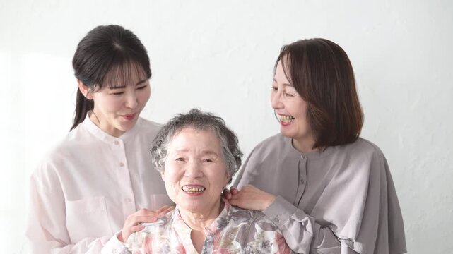 Three-Generation Family: Smiling Women Portraits Videos featuring close parent-child bonds, health, longevity, caregiving, and related themes