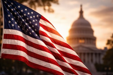 American Flag in Front of Capitol Building at Sunset