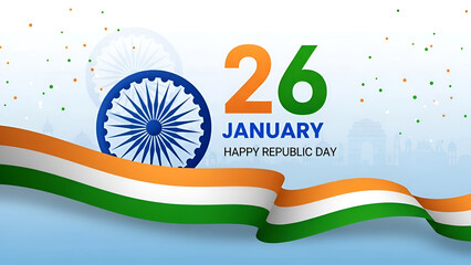 Commemorative graphic design featuring the date twenty six january and the Indian tricolor flag for Republic Day celebrations